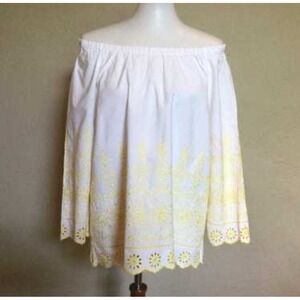 TALBOTS ~ YELLOW & WHITE EYELET EMBROIDERED BLOUSE TOP Women's‎ L Elastic Neck